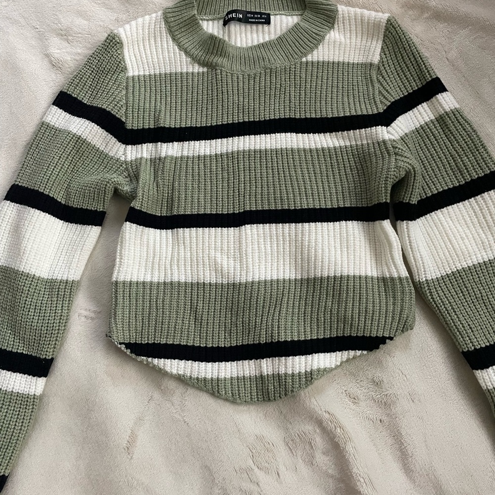 SHEIN Olive and White Striped Crew Neck Sweater